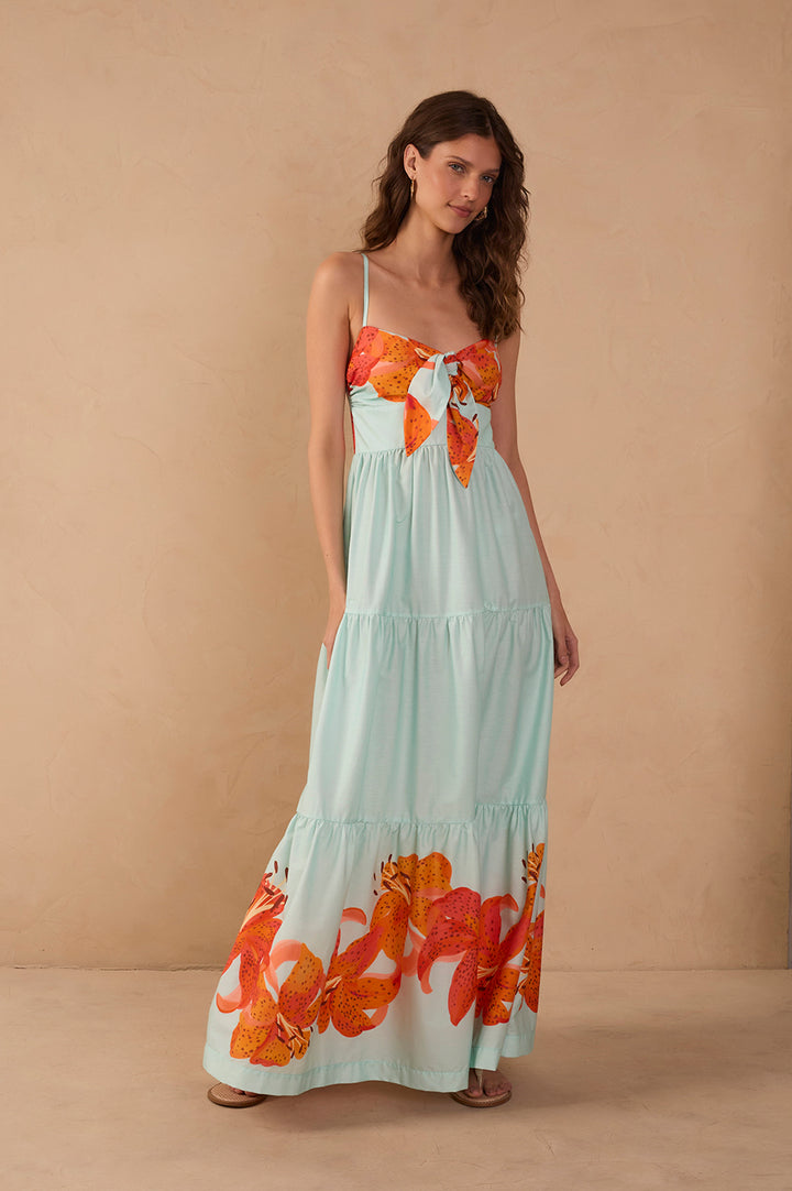 BLUE LILY FRONT BOW TRICOLINE MAXI DRESS
