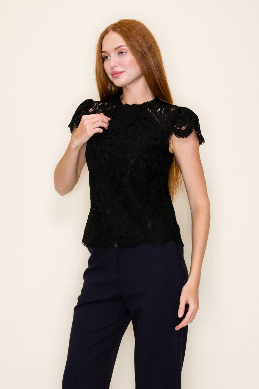 MOCK NECK SHORT SLEEVE LACE TOP