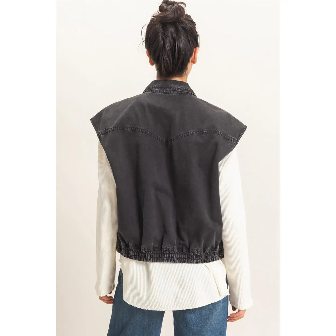 MINERAL WASH SLEEVELESS ZIP-UP COLLAR VEST