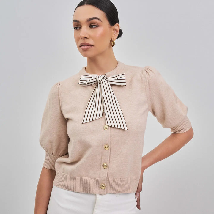 SATIN STRIPE BOW DETAILED SWEATER CARDIGAN