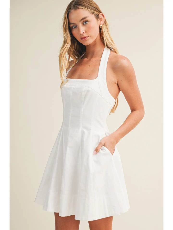 SQUARE NECK HALTER FLARE MINI DRESS