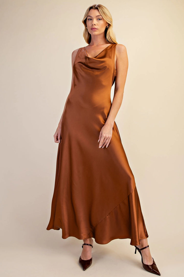 COWL NECK SLEEVELESS SATIN MAXI DRESS