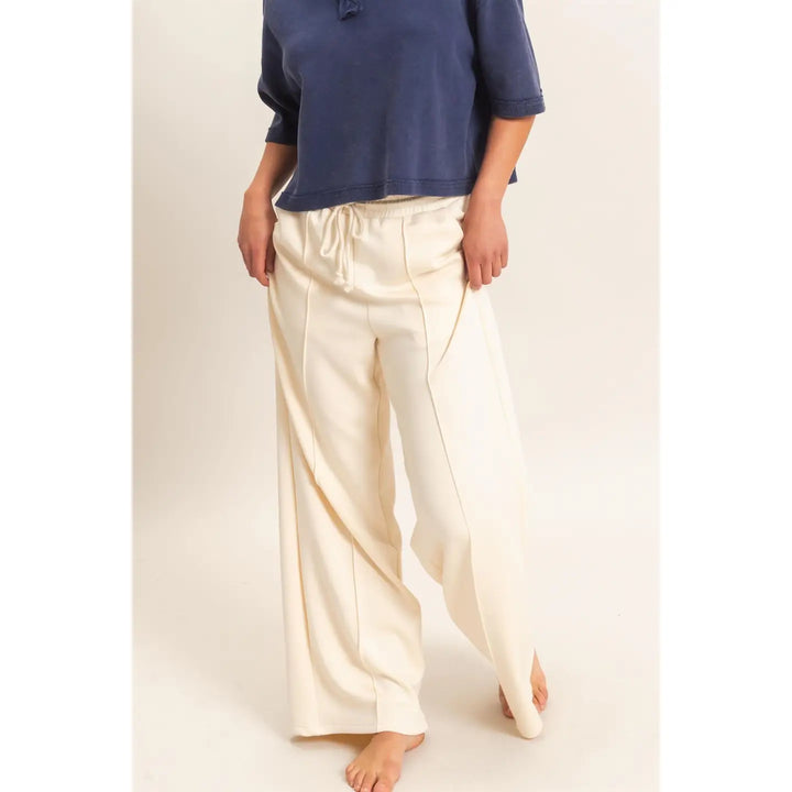 DRAWSTRING WAIST PINTUCK WIDE LEG PANTS