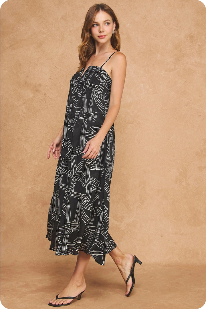 PINTUCK DETAIL PRINT SATIN LONG DRESS