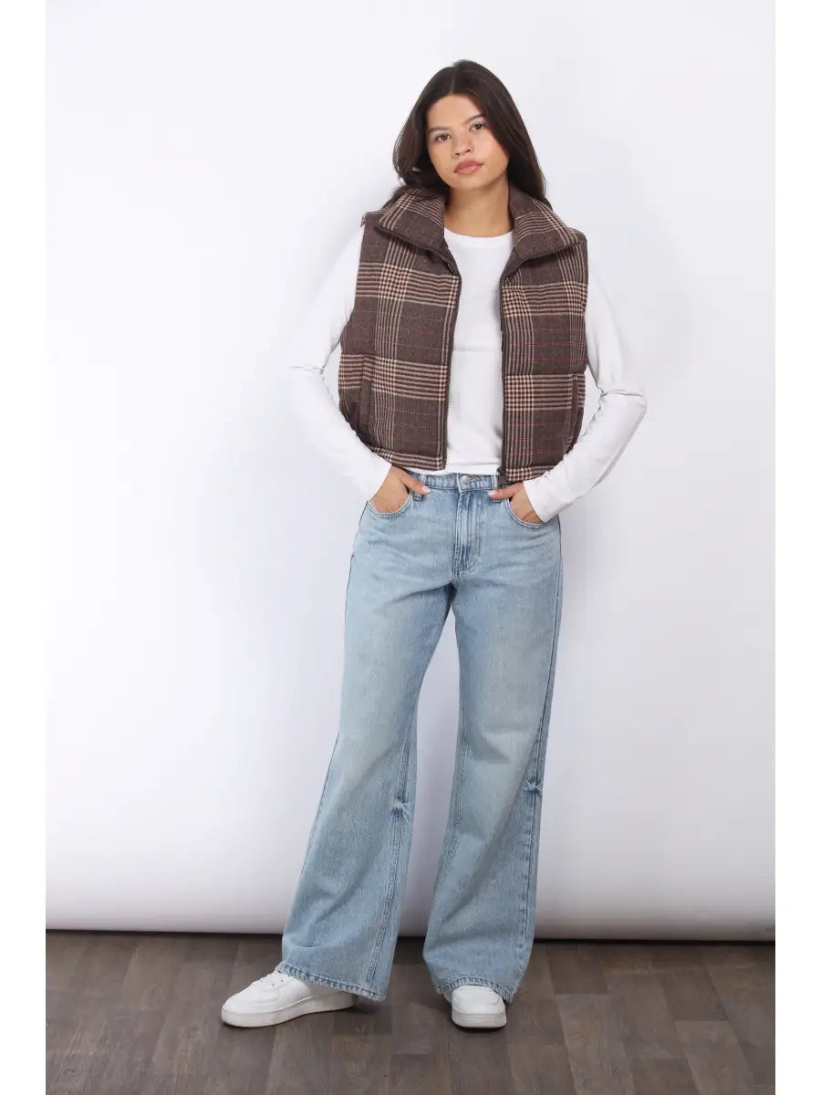 PLAID PUFFER VEST WITH WELT POCKETS