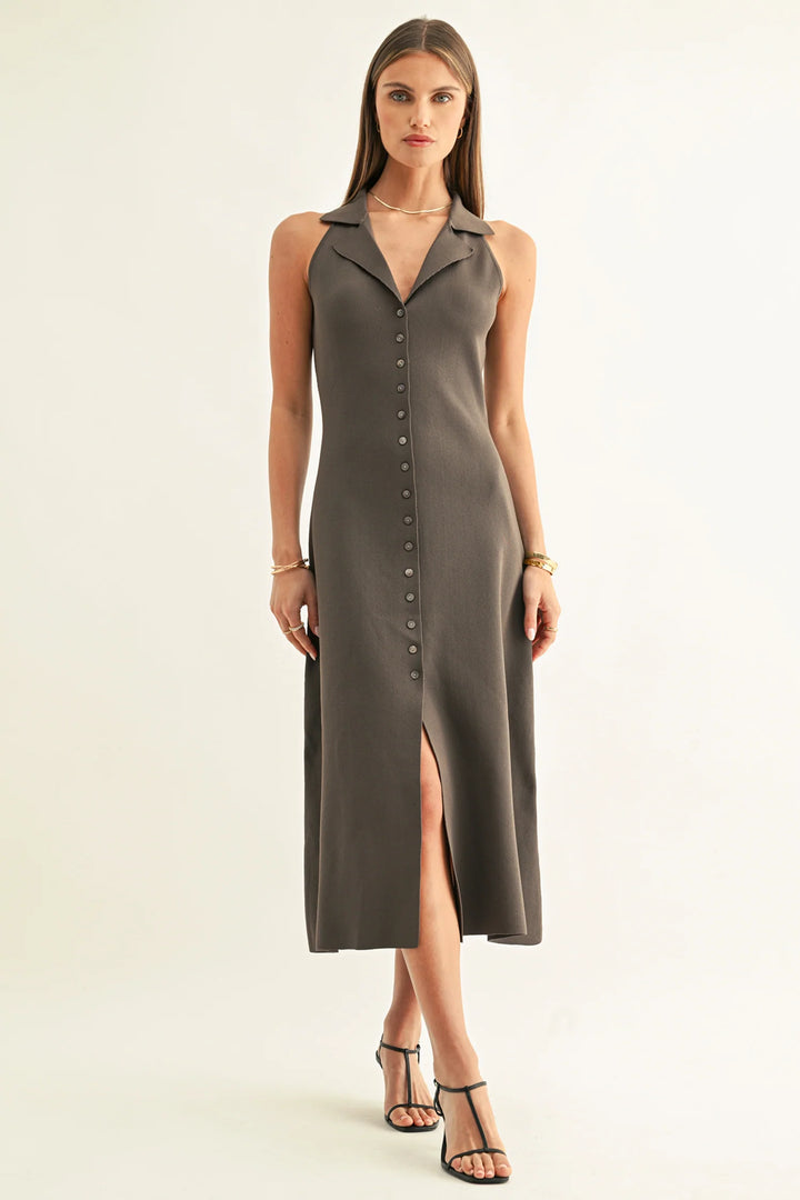 LILY HALTER SHIRT MIDI KNIT DRESS