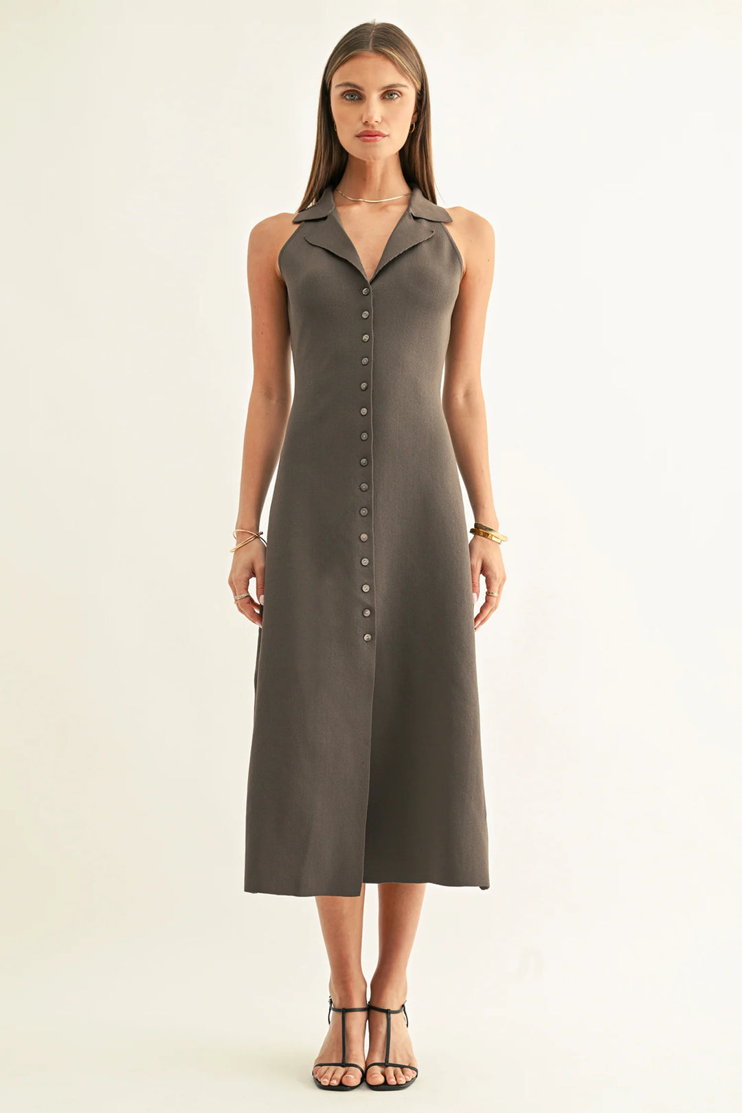 LILY HALTER SHIRT MIDI KNIT DRESS