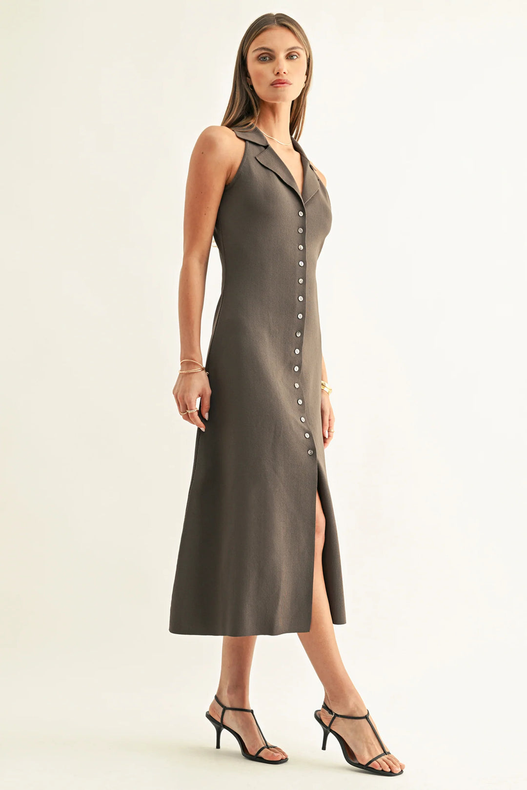 LILY HALTER SHIRT MIDI KNIT DRESS