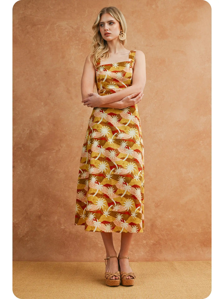 SUNBURST GEO PALM PRINT CUTOUT MIDI DRESS