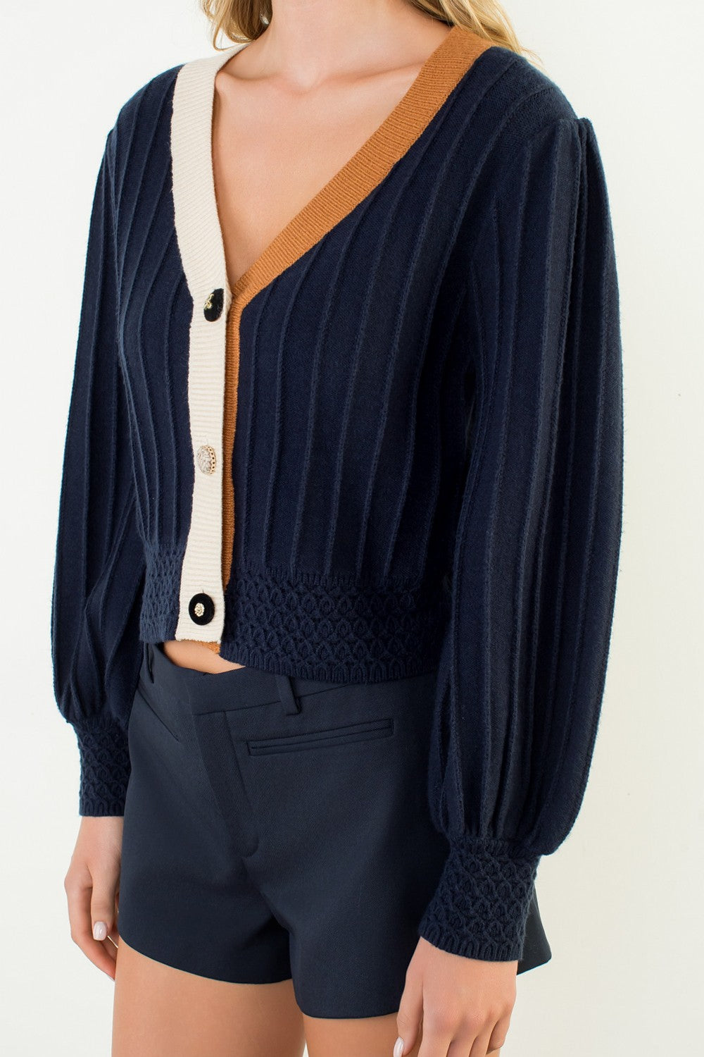 BALLOON SLEEVE COLORBLOCK KNIT CARDIGAN