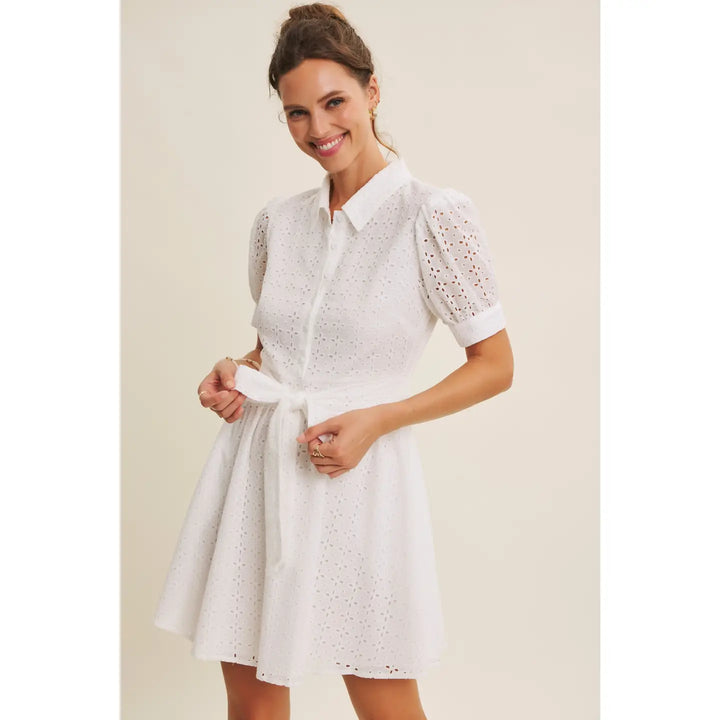 COTTON EYELET BUTTON-DOWN MINI DRESS