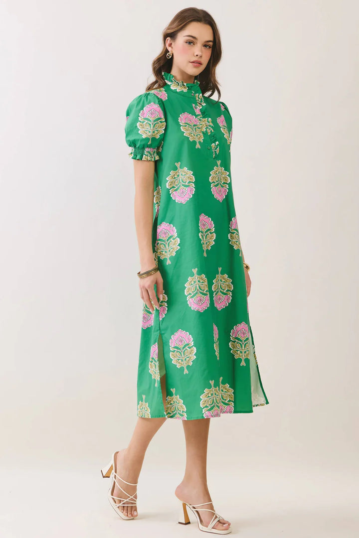 FLORAL PRINT RUFFLE COLLAR MIDI DRESS