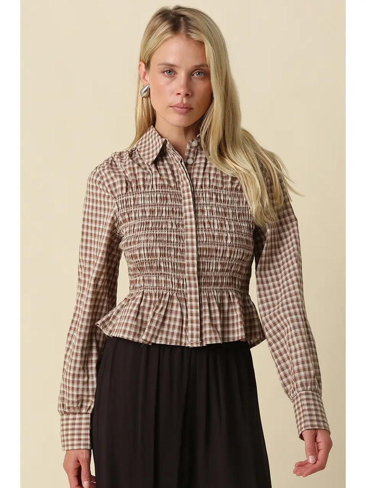 PIPER SMOCKED GINGHAM PEPLUM BLOUSE