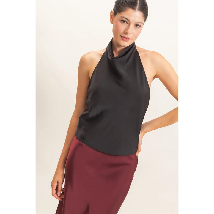 DRAPED HALTER SATIN TOP