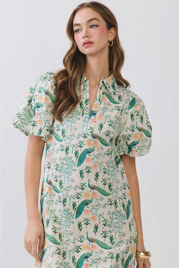 PEACOCK PRINT PUFF SLEEVE MIDI DRESS