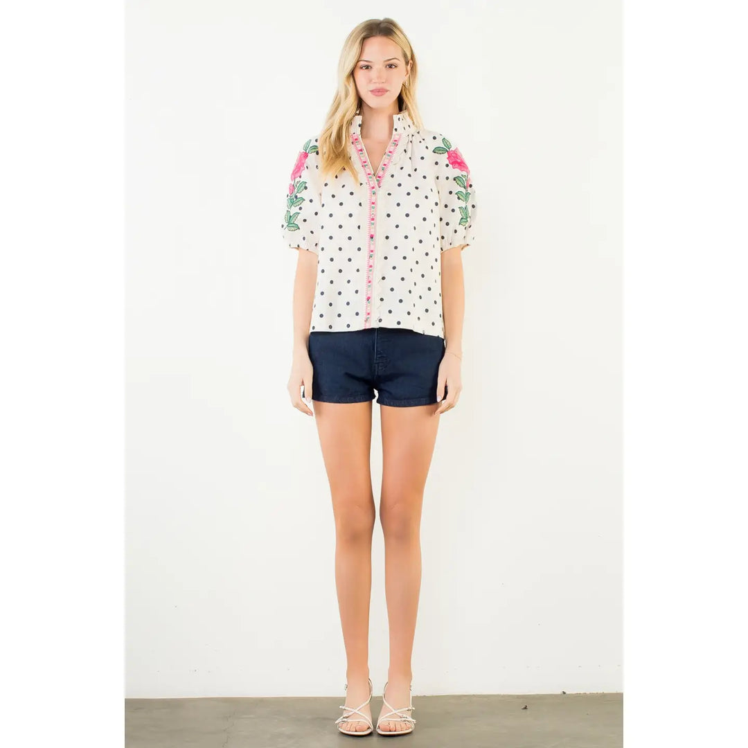 EMRBROIDERED PUFF SLEEVE POLKA DOT TOP