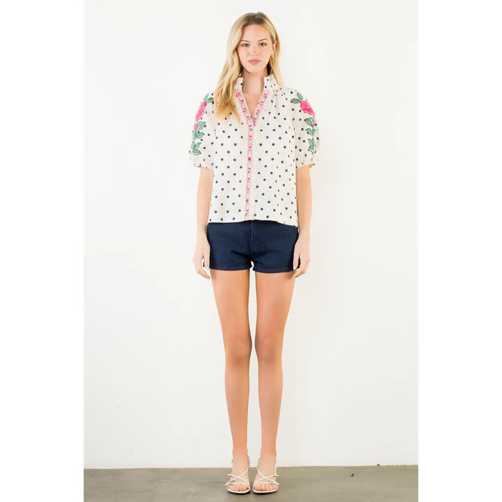 EMRBROIDERED PUFF SLEEVE POLKA DOT TOP