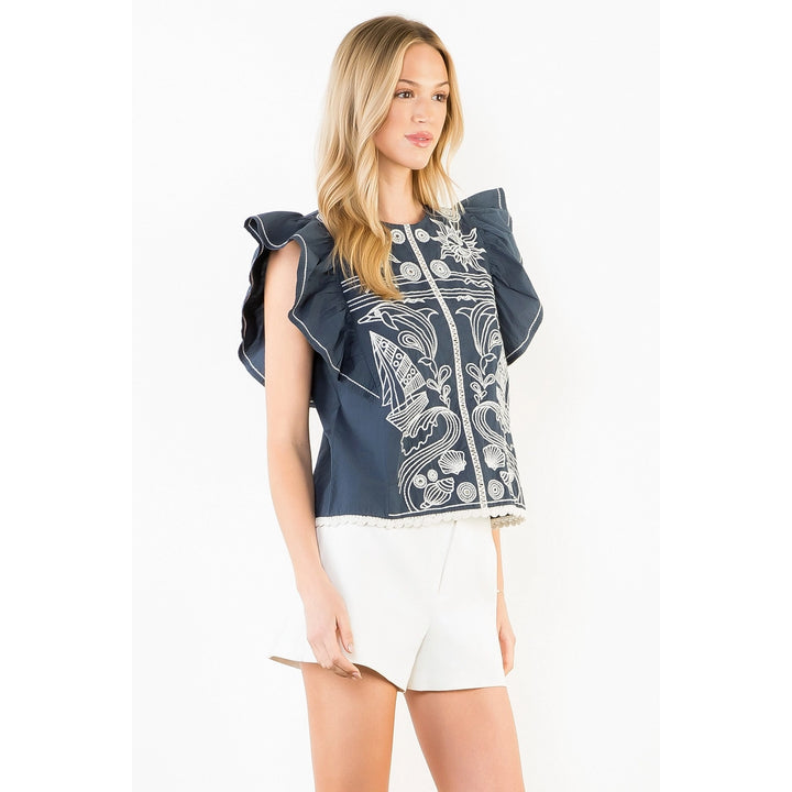 RUFFLE SLEEVES EMBROIDERY DETAIL TOP