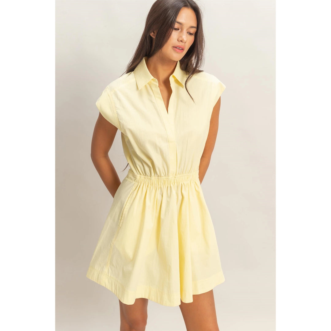 SLEEVELESS COLLARED SHIRRED MINI DRESS