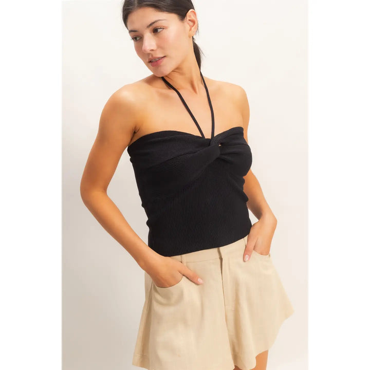 RIBBED HALTER TOP WITH TWIST