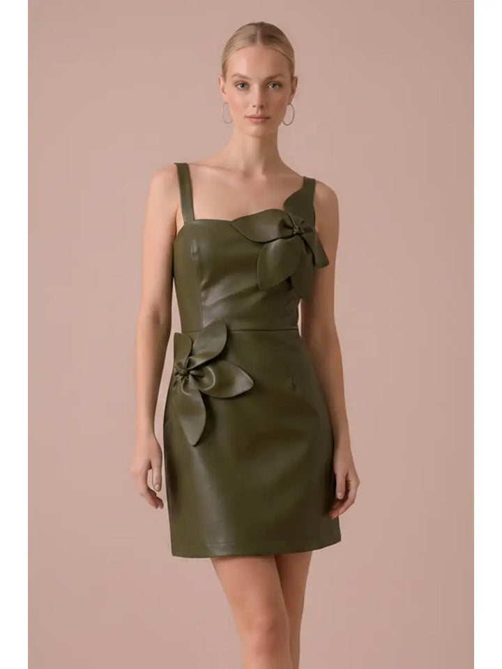 FLOWER APPLIQUE FAUX LEATHER MINI DRESS