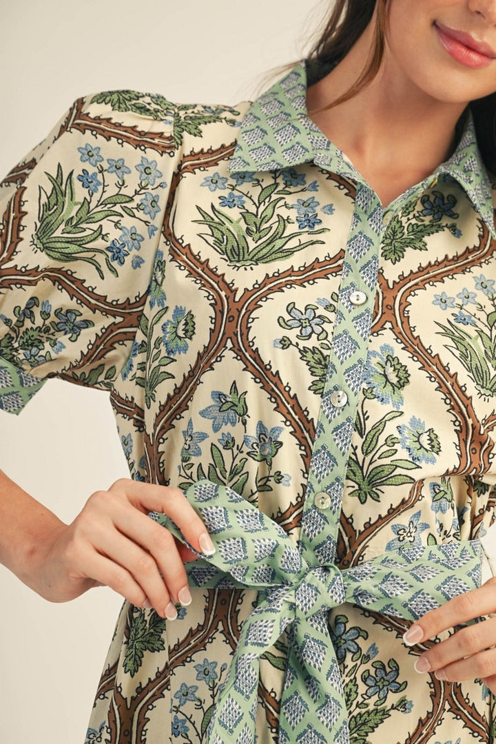 BUTTON DOWN WAIST TIE FLORAL MIDI DRESS