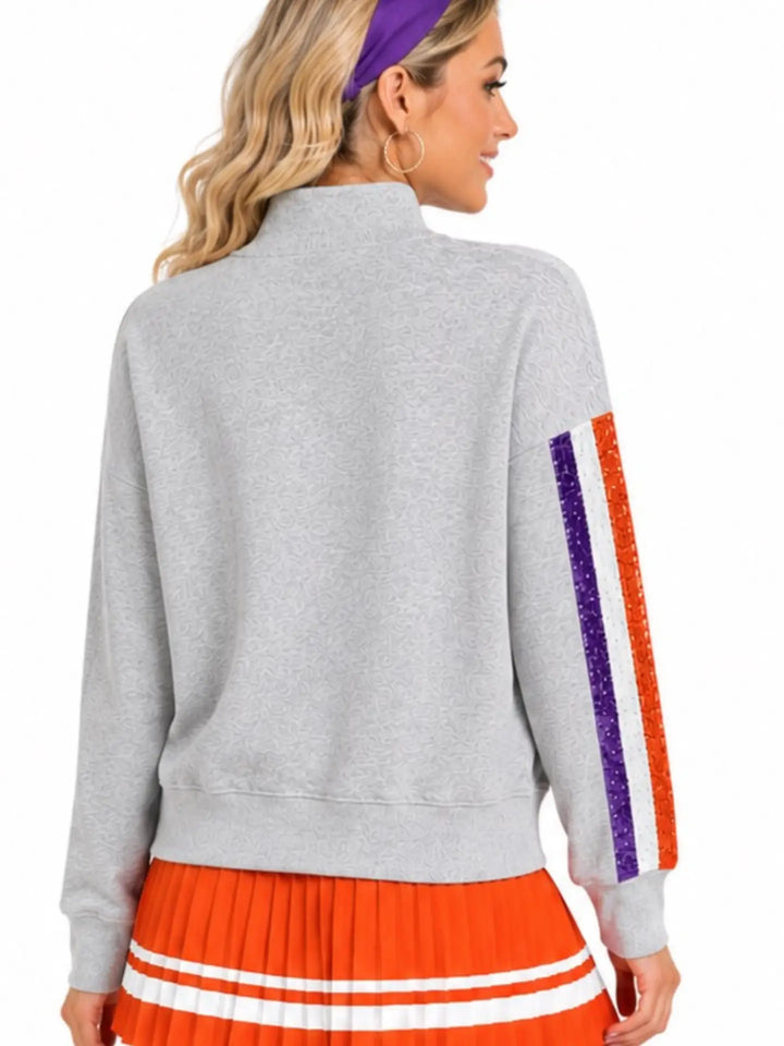 CLEMSON MOCK NECK SEQUIN STRIPE SWEATSHIRT