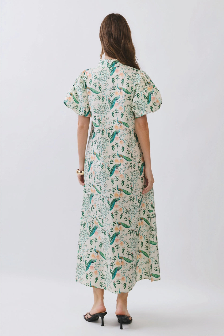 PEACOCK PRINT PUFF SLEEVE MIDI DRESS