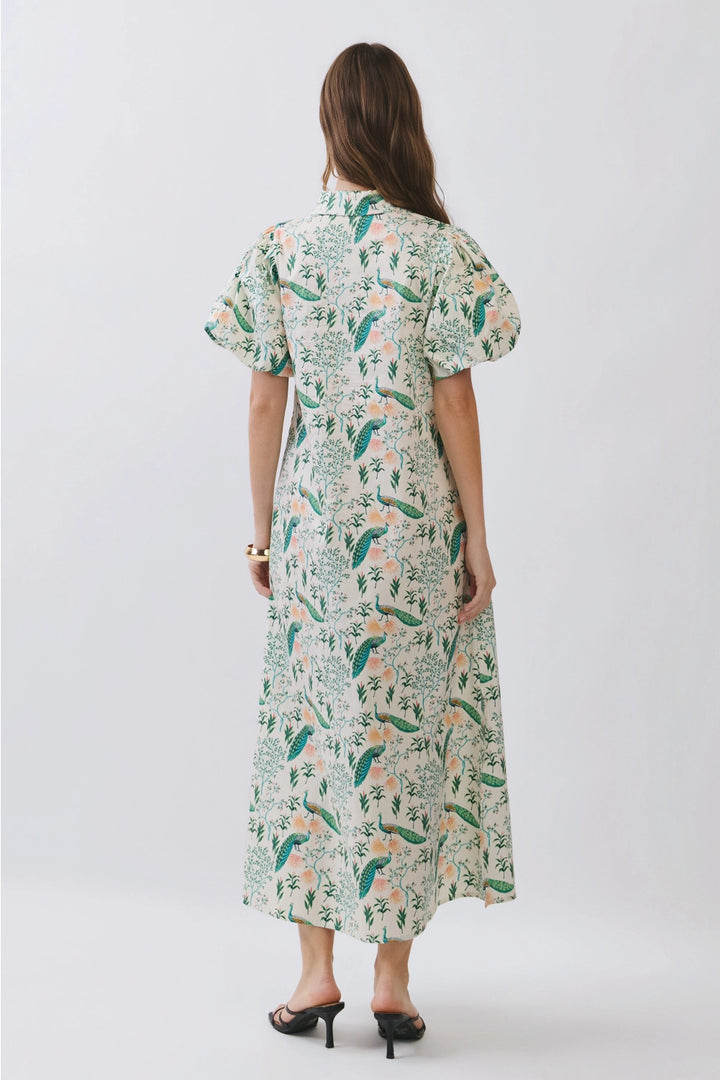PEACOCK PRINT PUFF SLEEVE MIDI DRESS