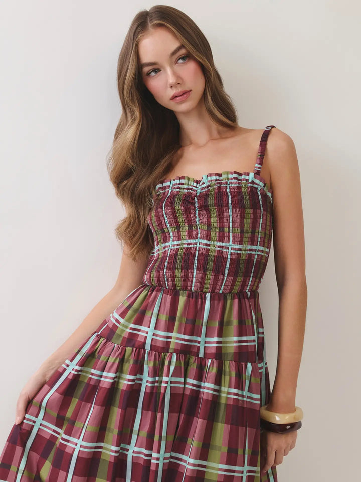 PLAID SMOCKED TIERED MAXI DRESS