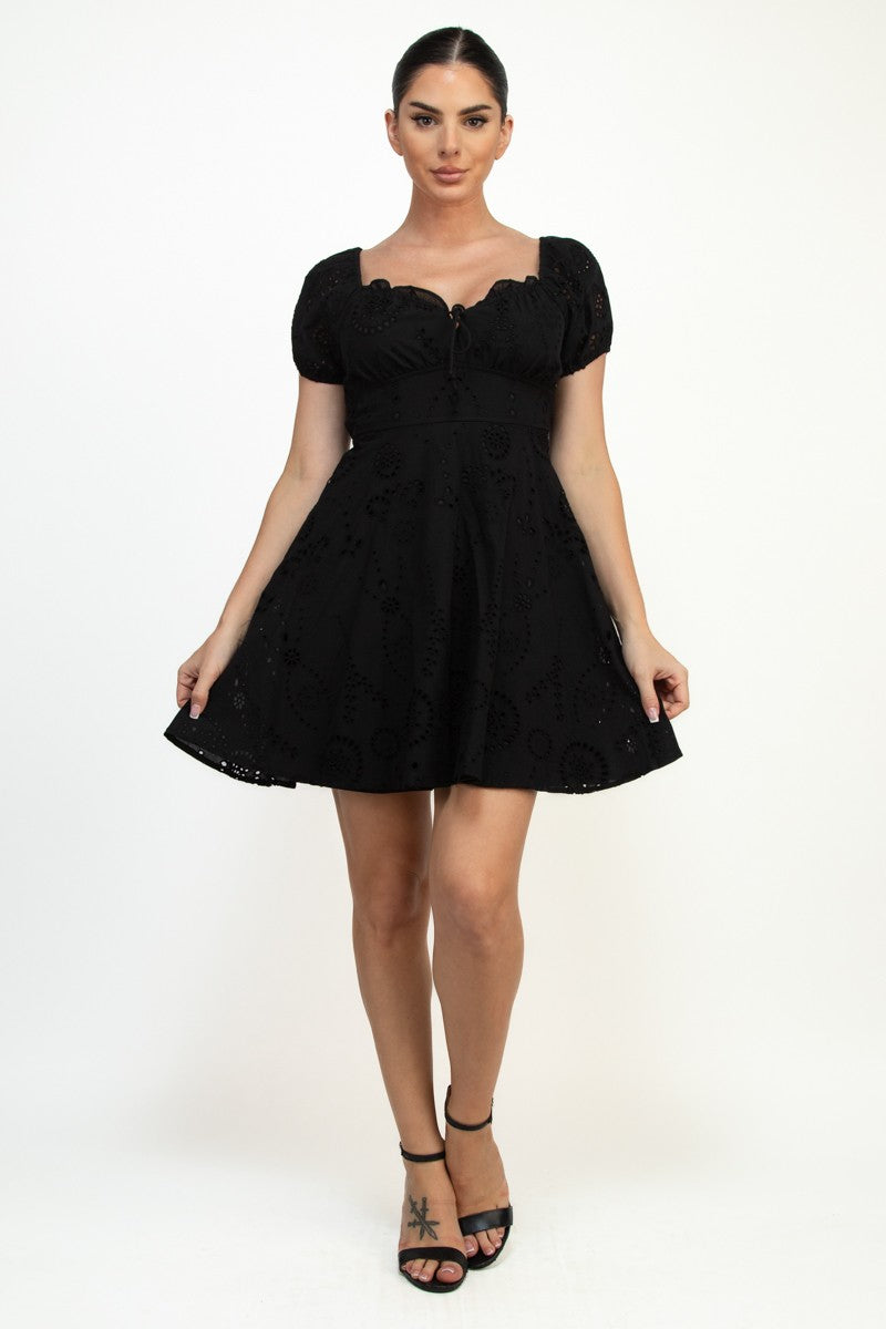 EYELET PUFF SLEEVE MINI DRESS