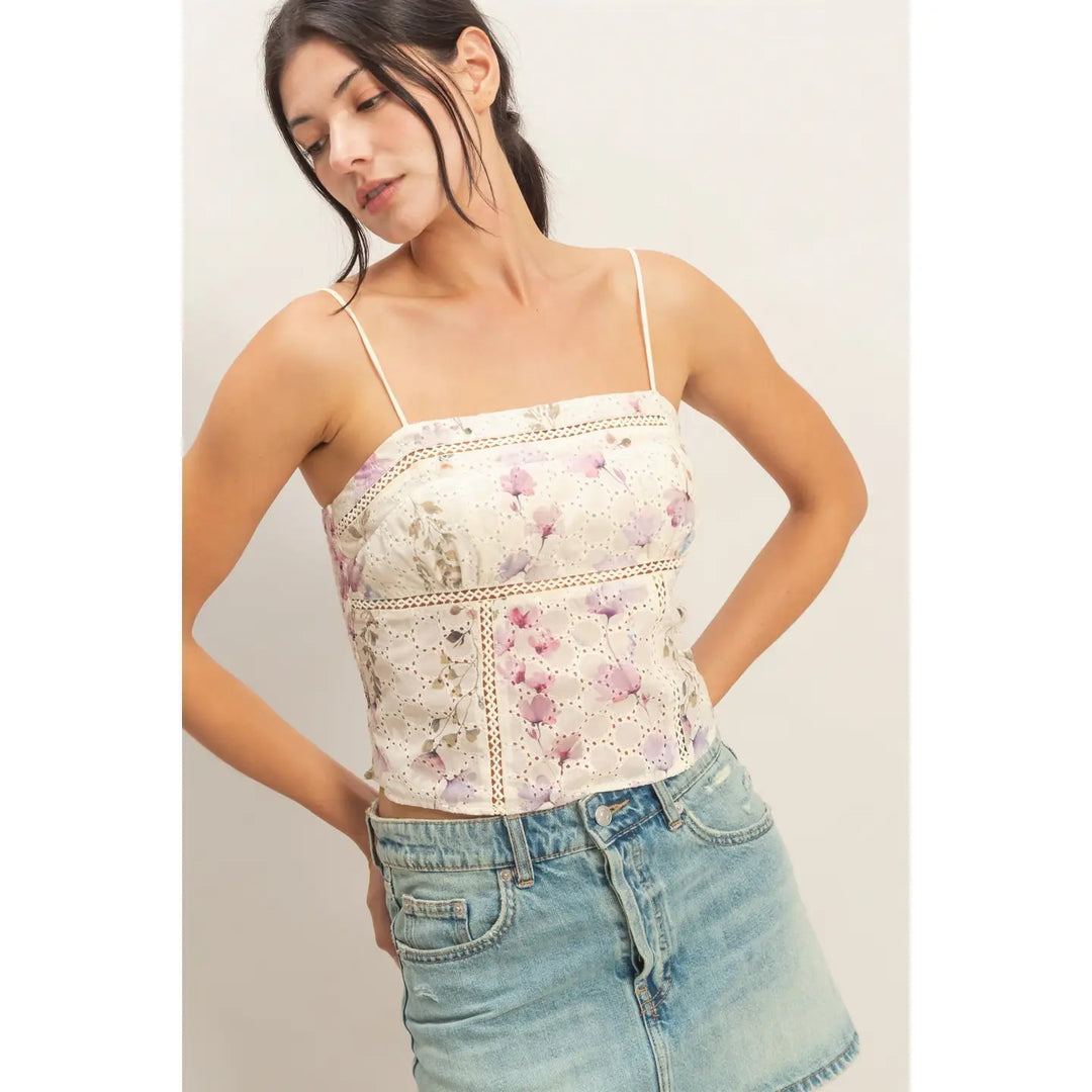 LACE TRIM FLORAL STRAP TANK