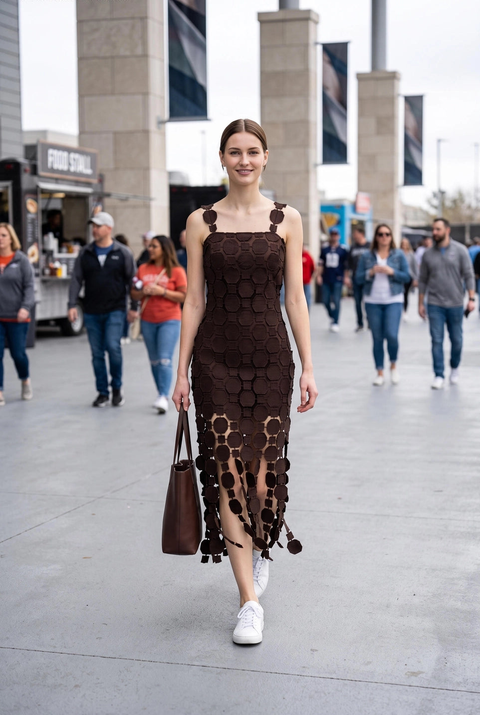 3D LACE FRINGE HEM BODYCON MIDI DRESS