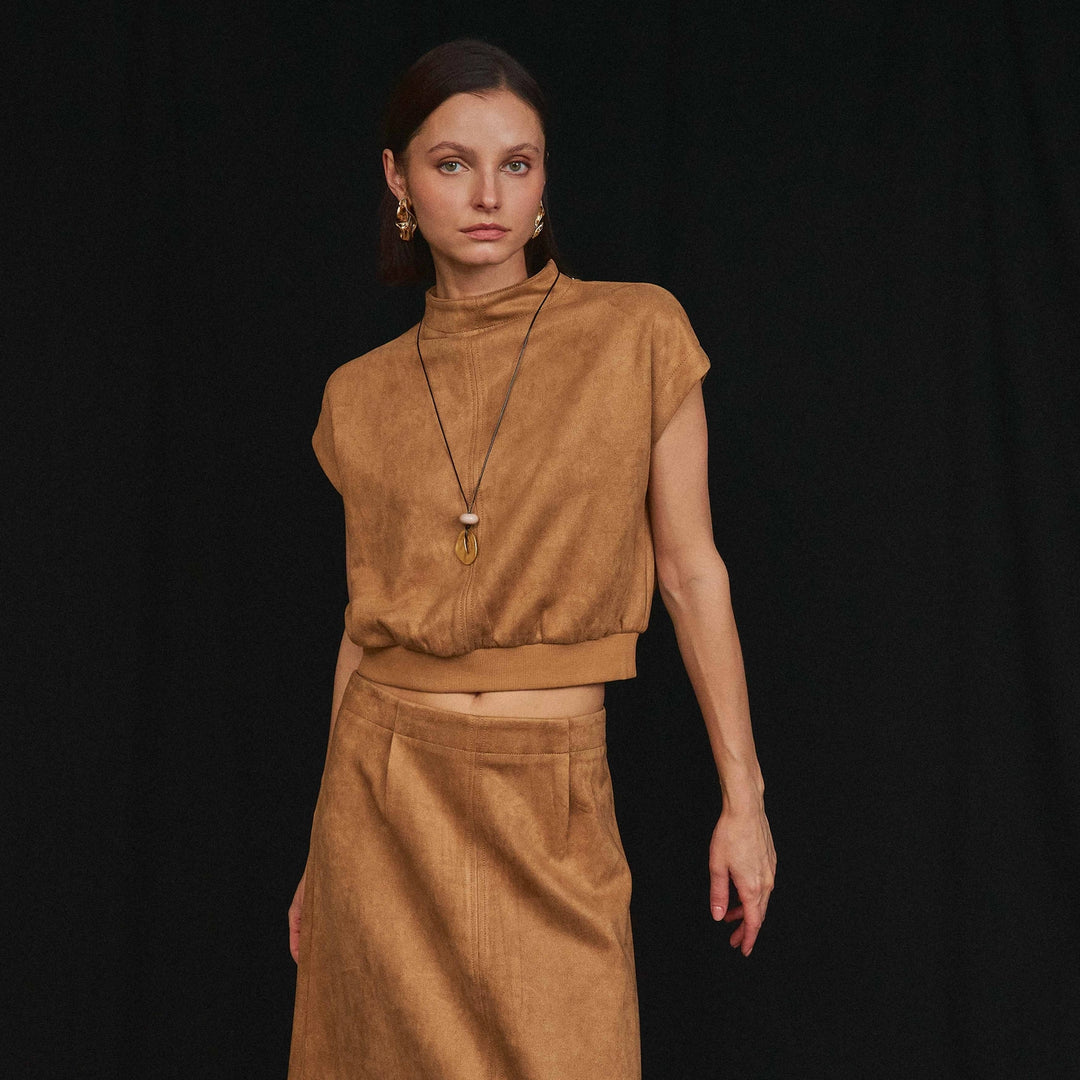 MOCK NECK STRETCH SUEDE TOP &amp; SKIRT SET