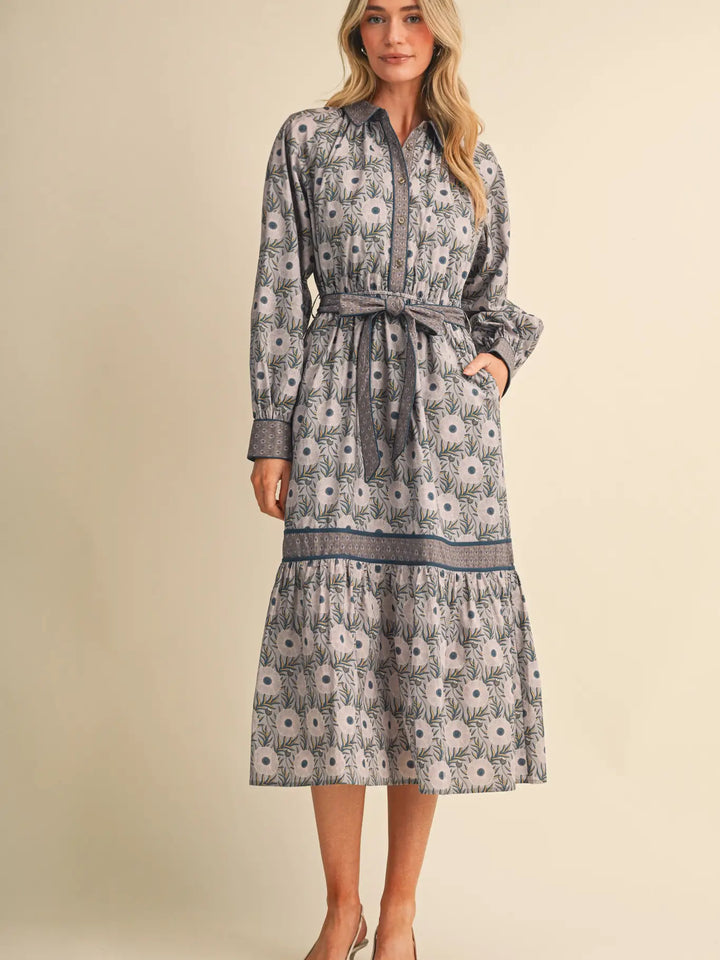 MIXED FLORAL BUTTON DOWN BELTED MIDI DRESS