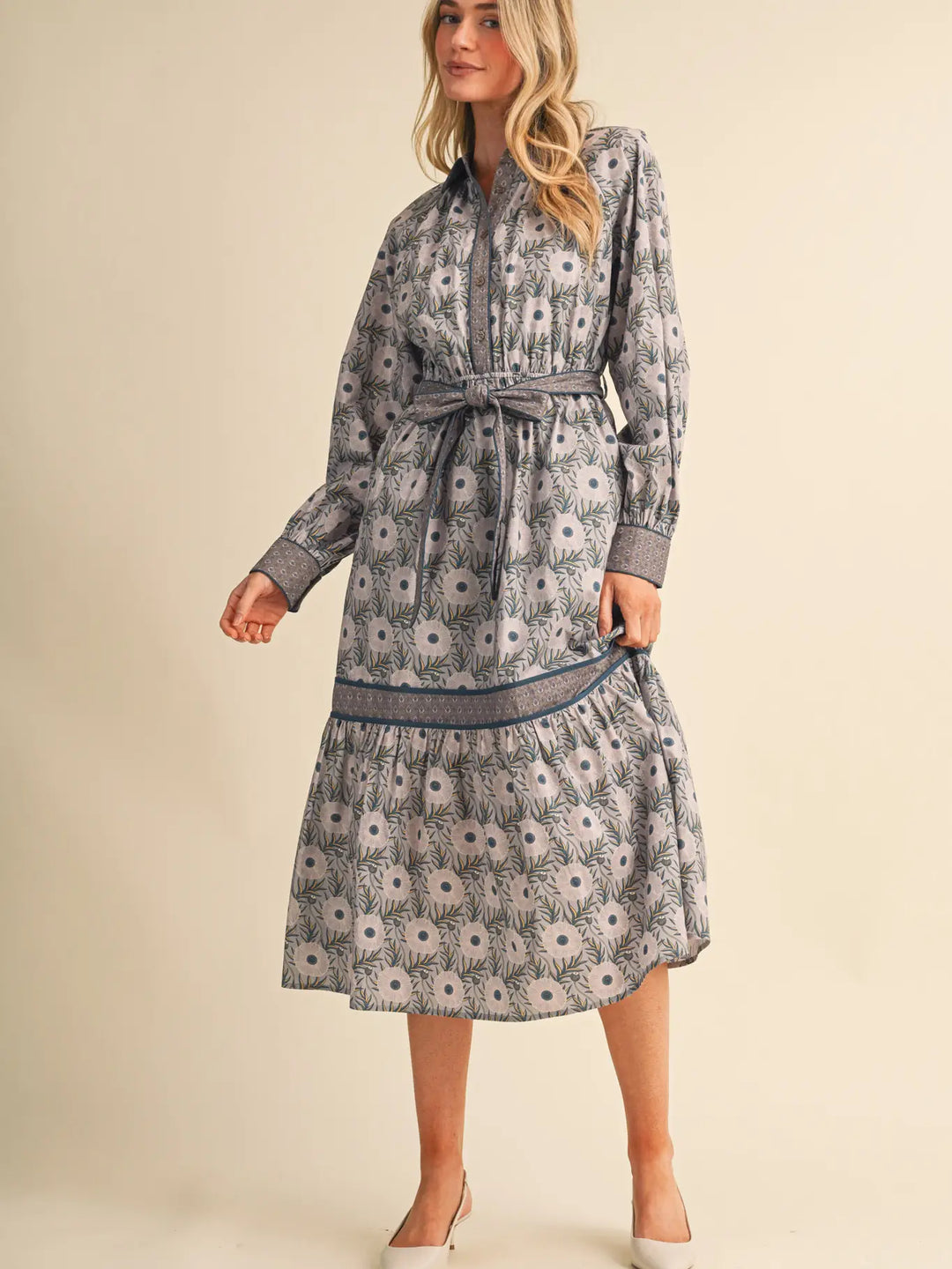 MIXED FLORAL BUTTON DOWN BELTED MIDI DRESS