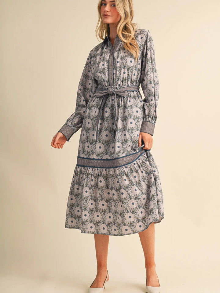 MIXED FLORAL BUTTON DOWN BELTED MIDI DRESS