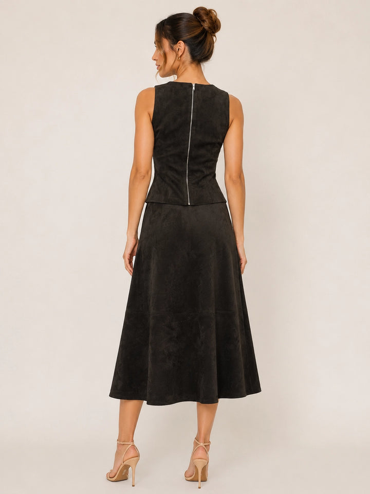 ASYMMETRIC CROCHET TRIM A-LINE SUEDE SKIRT