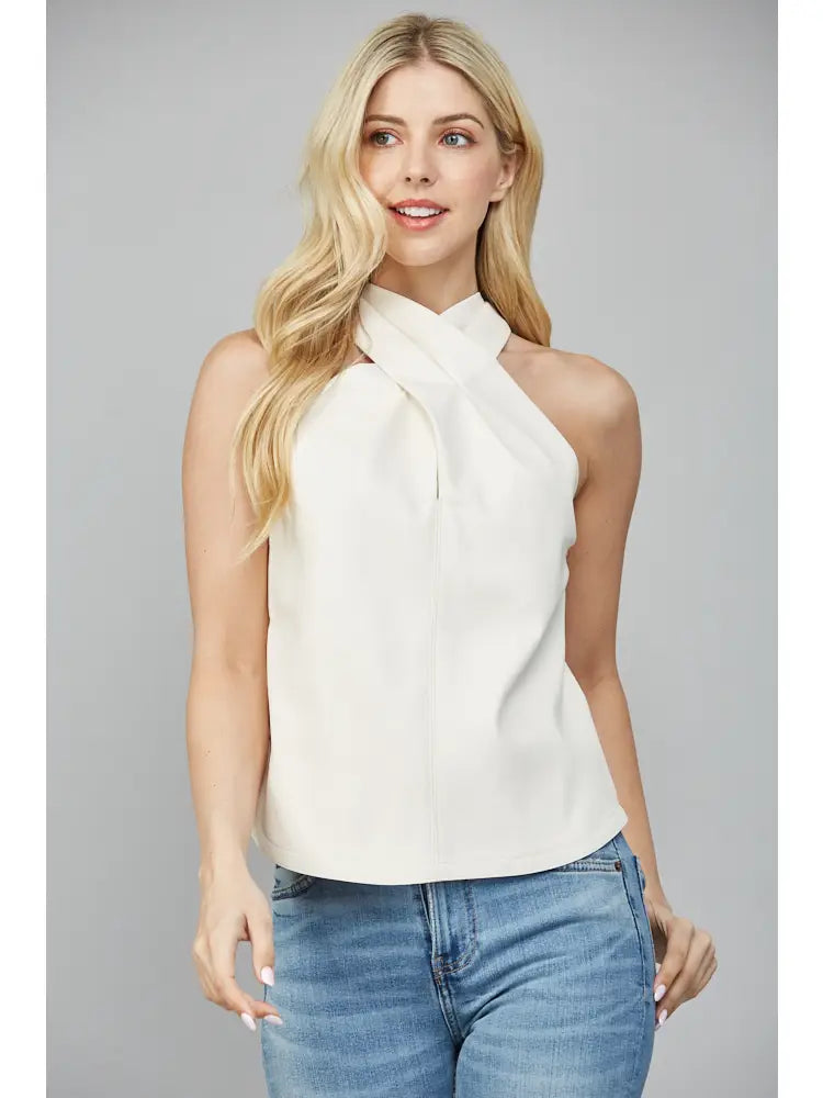FAUX LEATHER CRISSCROSS NECKLINE SLEEVELESS TOP