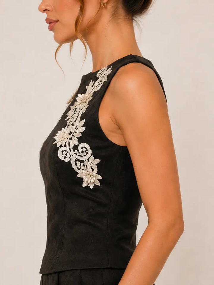 ASYMMETRIC CROCHET TRIM SUEDE TOP