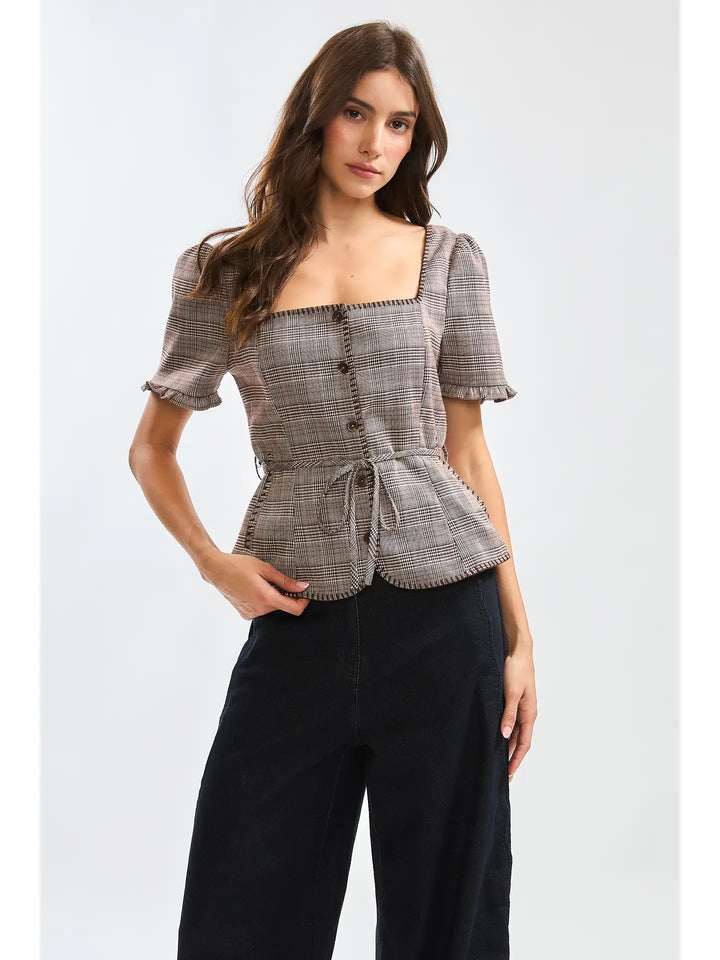 GLEN PLAID BUTTON-FRONT BLOUSE WITH BELTED WAIST