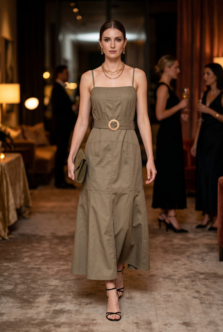 BELTED PANEL MIDI DRESS