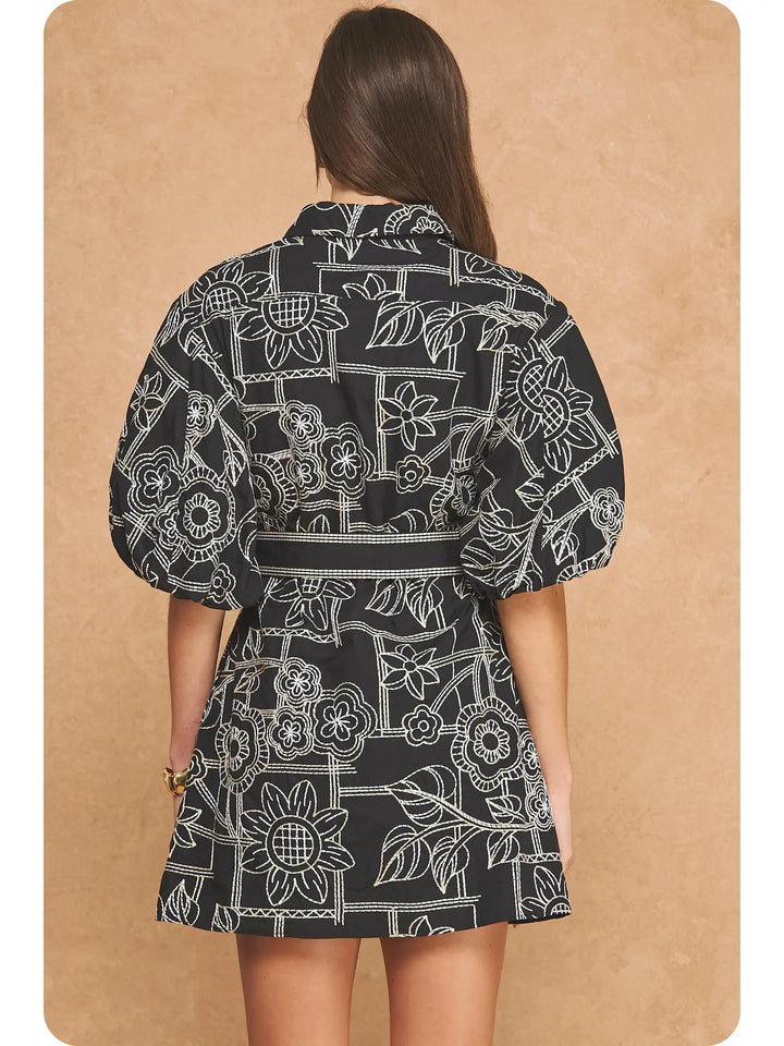 EMBROIDERY PUFF SLEEVE MINI DRESS