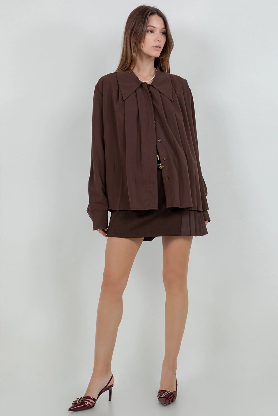 CONTRAST PLEATING DOUBLE BELT LOOP MINI SKIRT
