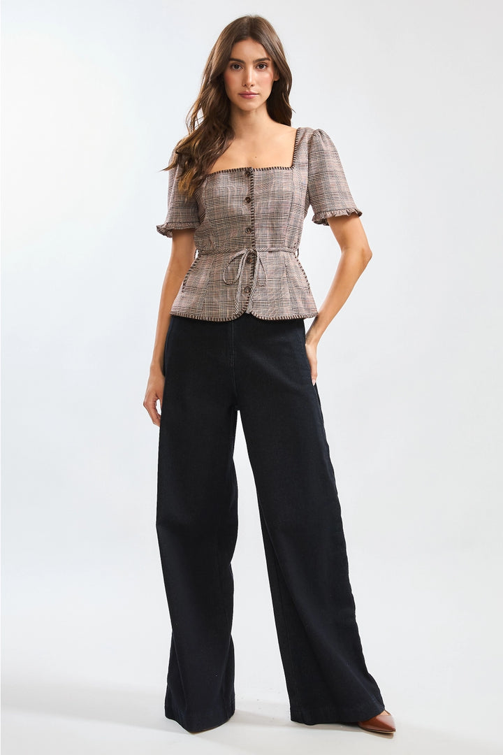 GLEN PLAID BUTTON-FRONT BLOUSE WITH BELTED WAIST