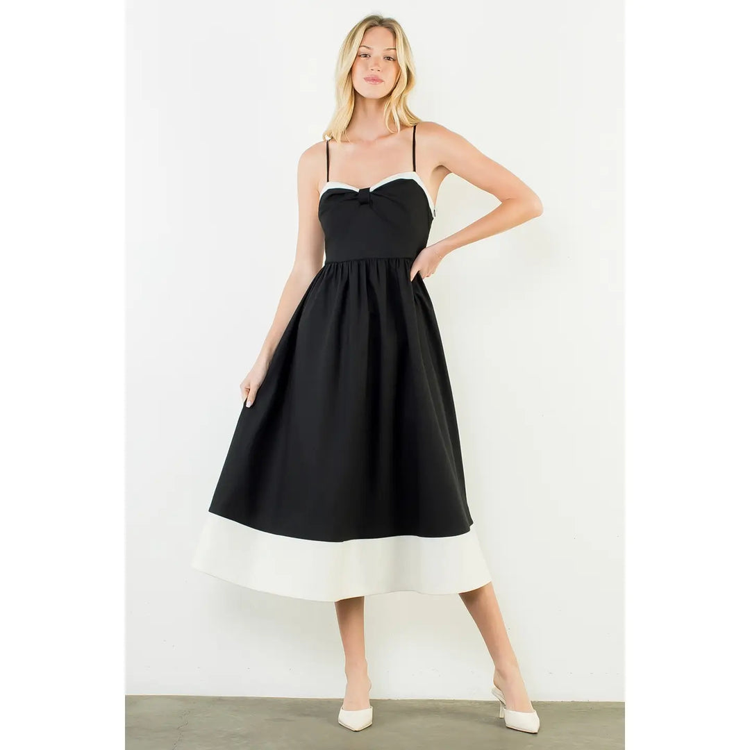 THIN STRAP BOW DETAIL MIDI DRESS