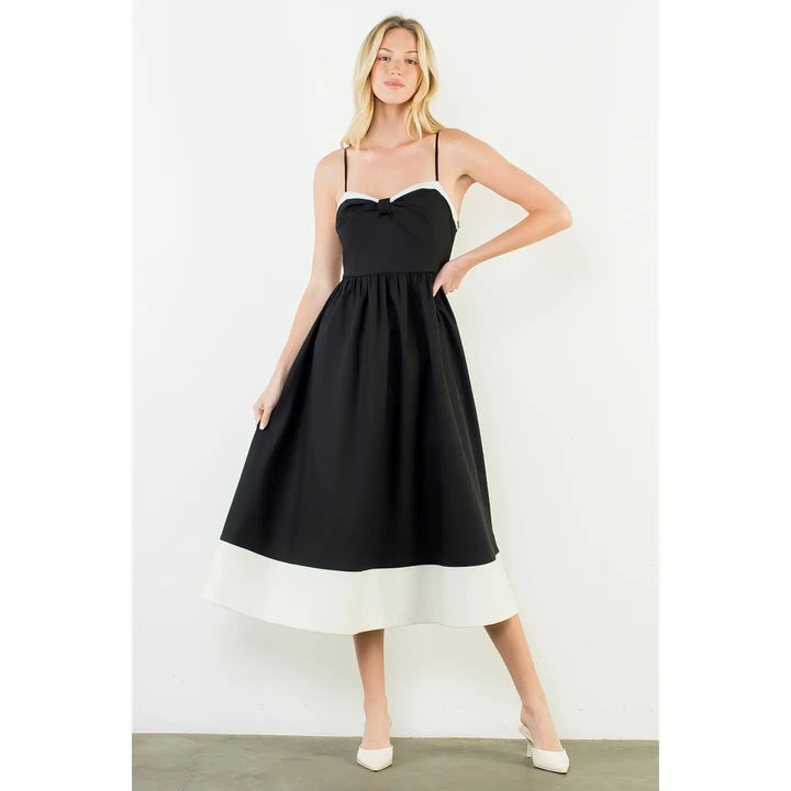 THIN STRAP BOW DETAIL MIDI DRESS