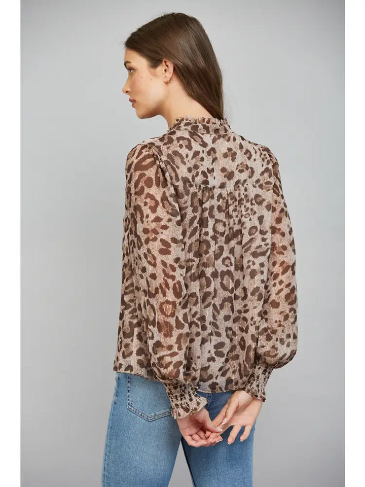 ANIMAL PRINT CHIFFON WITH LUREX SPLIT NECK BLOUSE