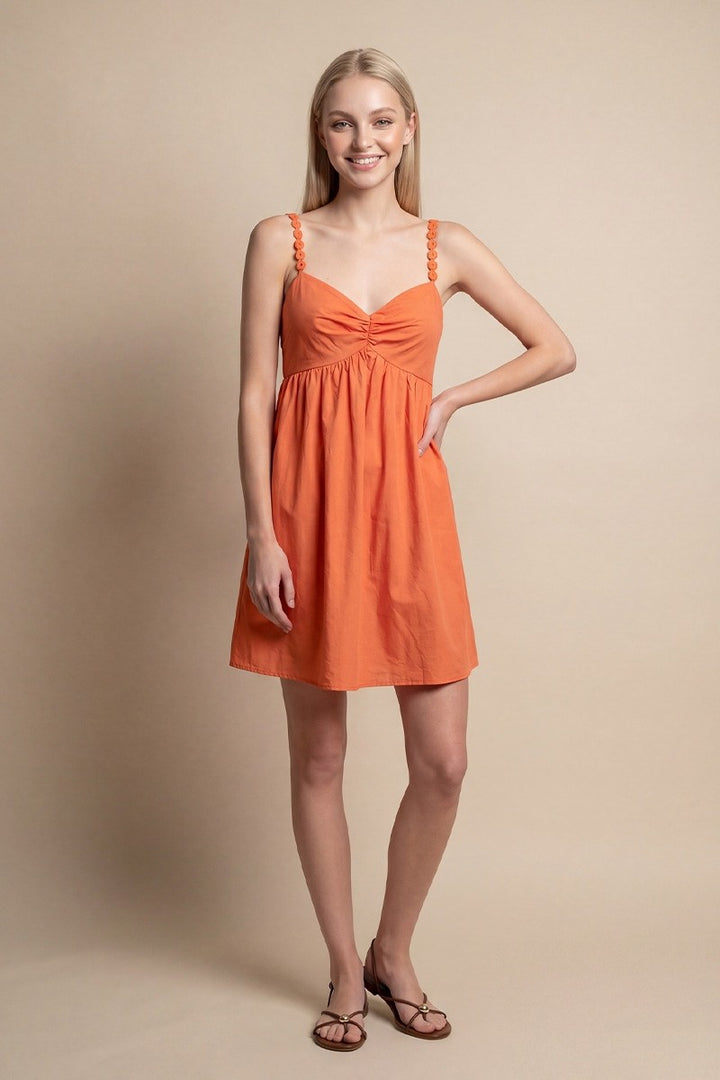 CROCHET RING DETAIL SLEEVELESS LINEN MINI DRESS