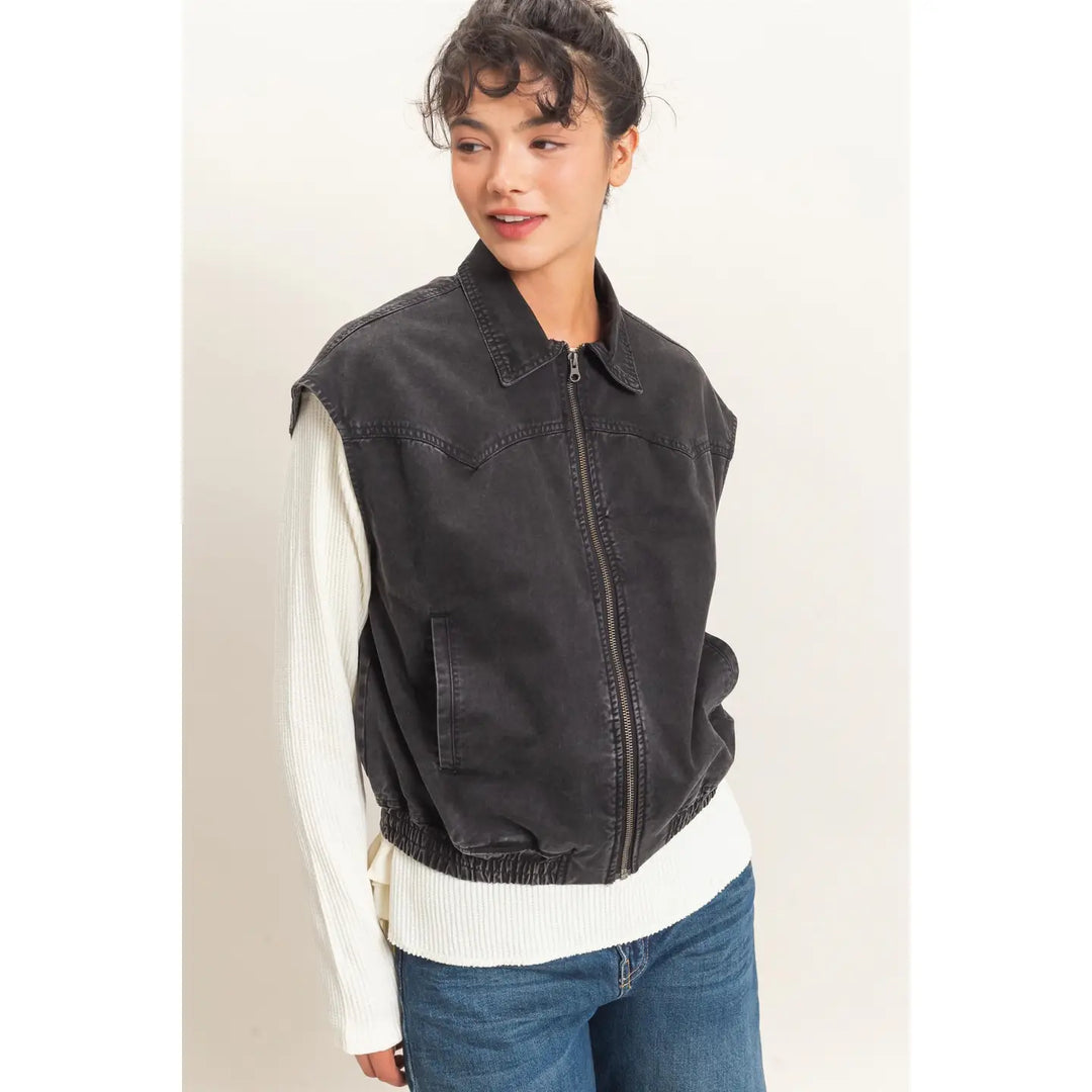 MINERAL WASH SLEEVELESS ZIP-UP COLLAR VEST